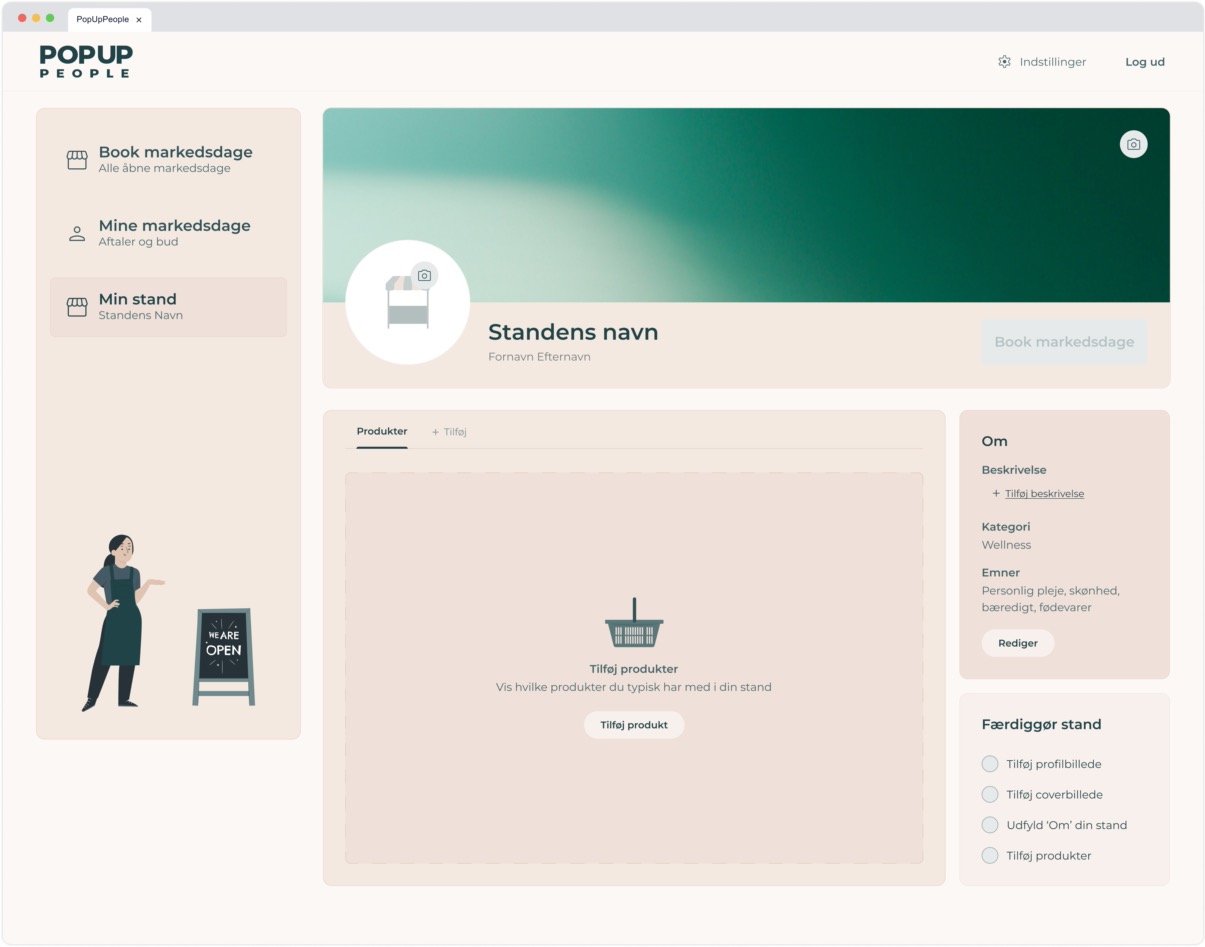 Vendor dashboard home showing placeholders for cover and profile images, stand name, empty product section with a "Tilføj produkter" button, and a sidebar with a completion checklist.